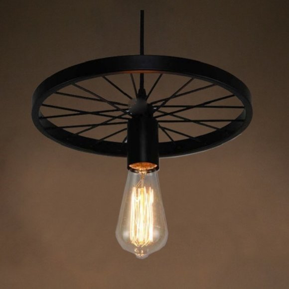 Wagon Wheel Chandelier for a Rustic Farmhouse Look - Single Bulb - Black - Picture 1 of 4